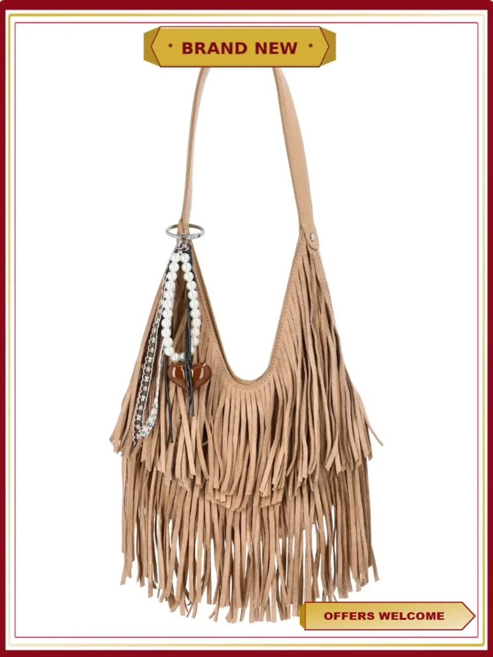 Fringe Hobo Bag with Shoulder Strap and Keychain Charm